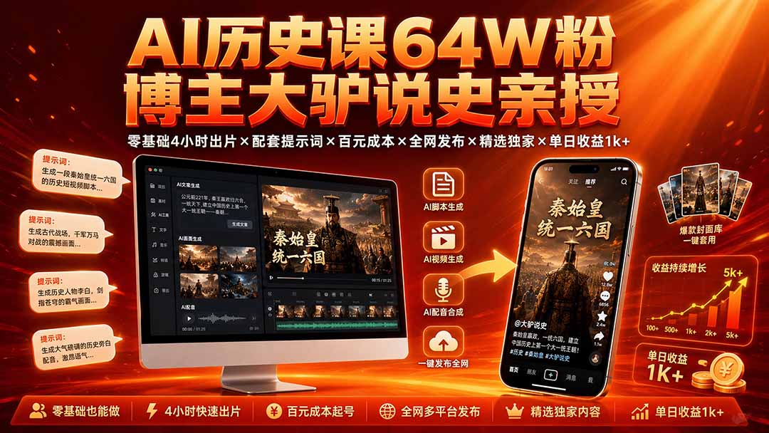 （19557期）AI历史课64W粉博主大驴说史亲授：零基础4小时出片×配套提示词×百元成本×全网发布×精选独家×单日收益1k+ - 臻优资源网