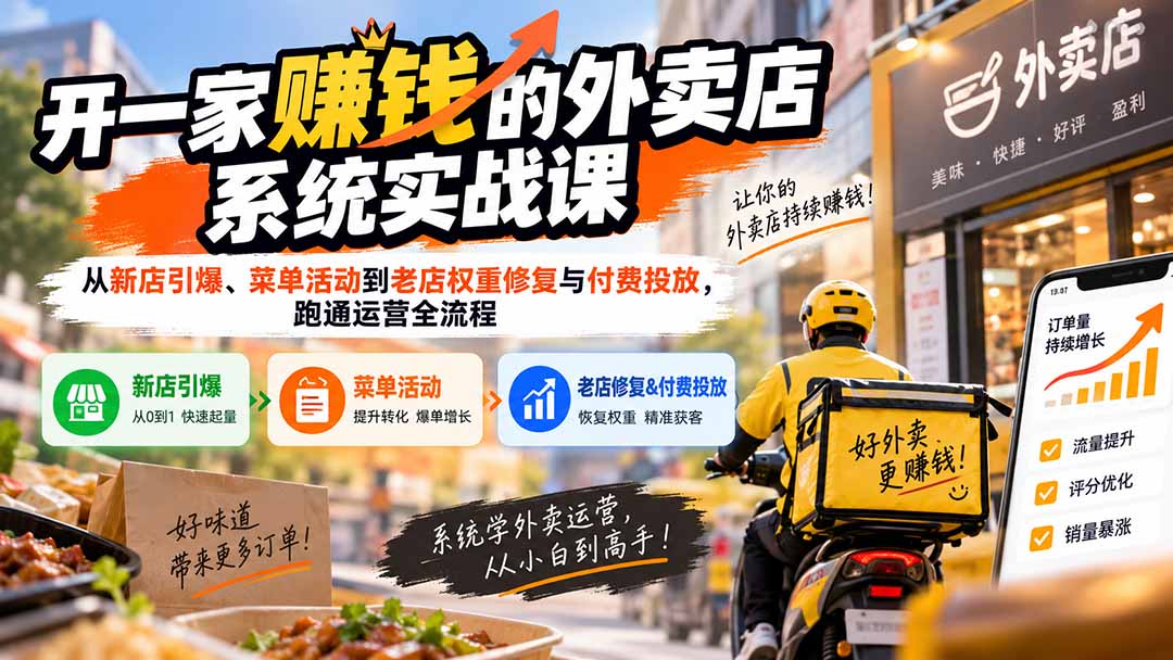 （20258期）开一家赚钱的外卖店系统实战课：从新店引爆、菜单活动到老店权重修复与付费投放，跑通运营全流程 - 臻优资源网