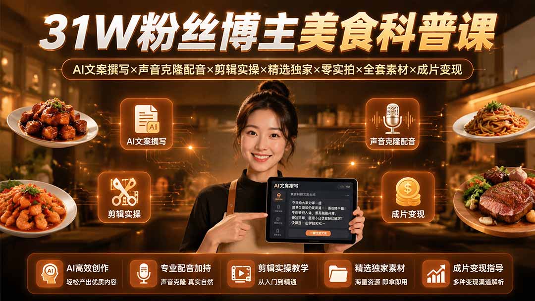 （19558期）31W粉丝博主美食科普课：AI文案撰写×声音克隆配音×剪辑实操×精选独家×零实拍×全套素材×成片变现 - 臻优资源网