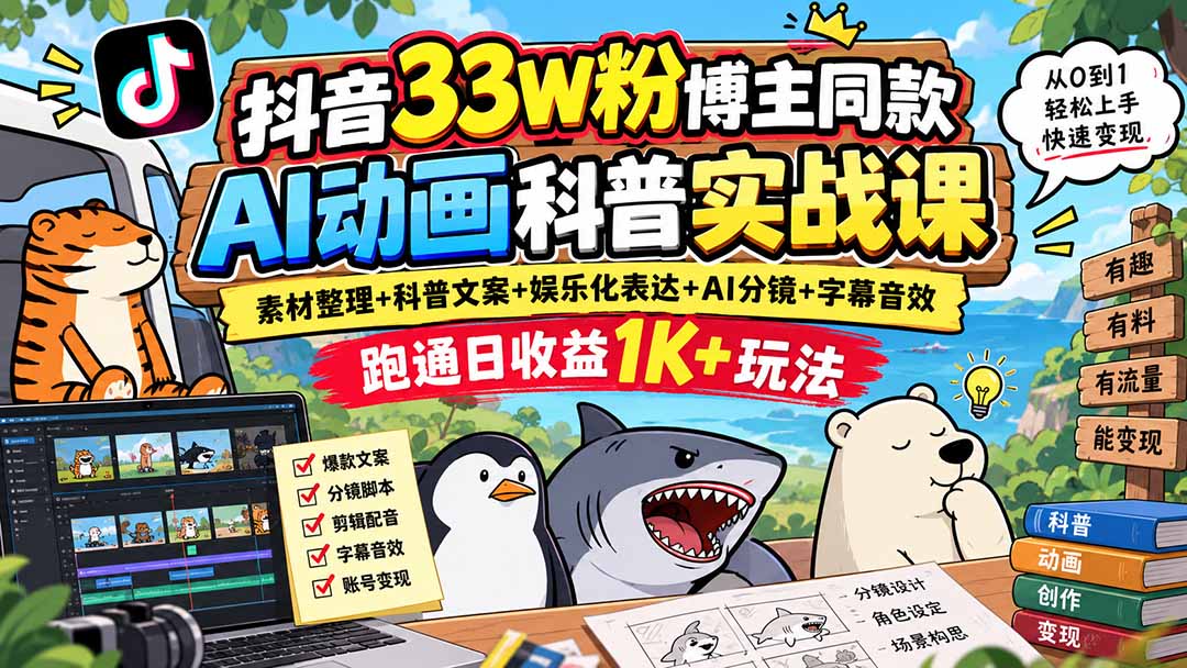 （20510期）抖音33W粉博主同款AI动画科普实战课｜素材整理+科普文案+娱乐化表达+AI分镜+字幕音效，跑通日收益1K+玩法 - 臻优资源网