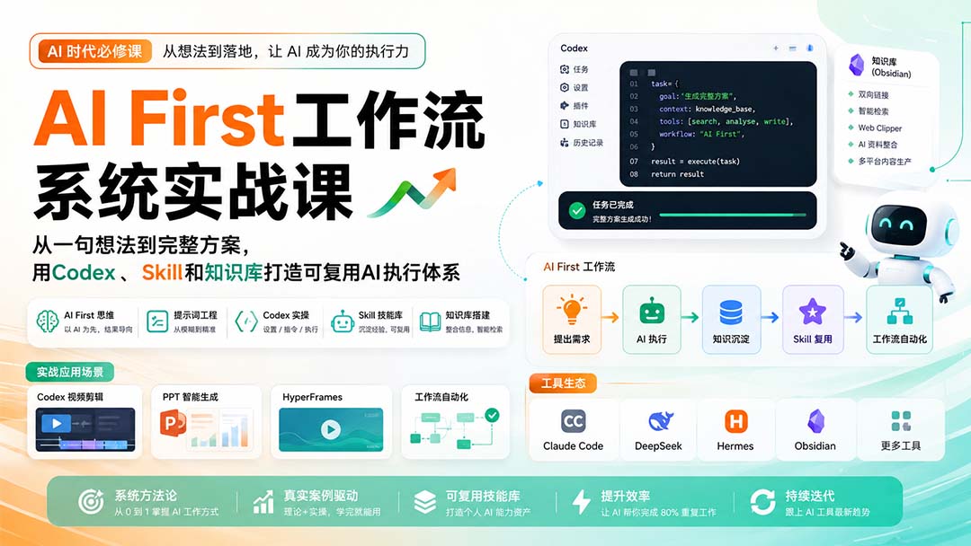 （20104期）AI First工作流系统实战课：从一句想法到完整方案，用Codex、Skill和知识库打造可复用AI执行体系 - 臻优资源网