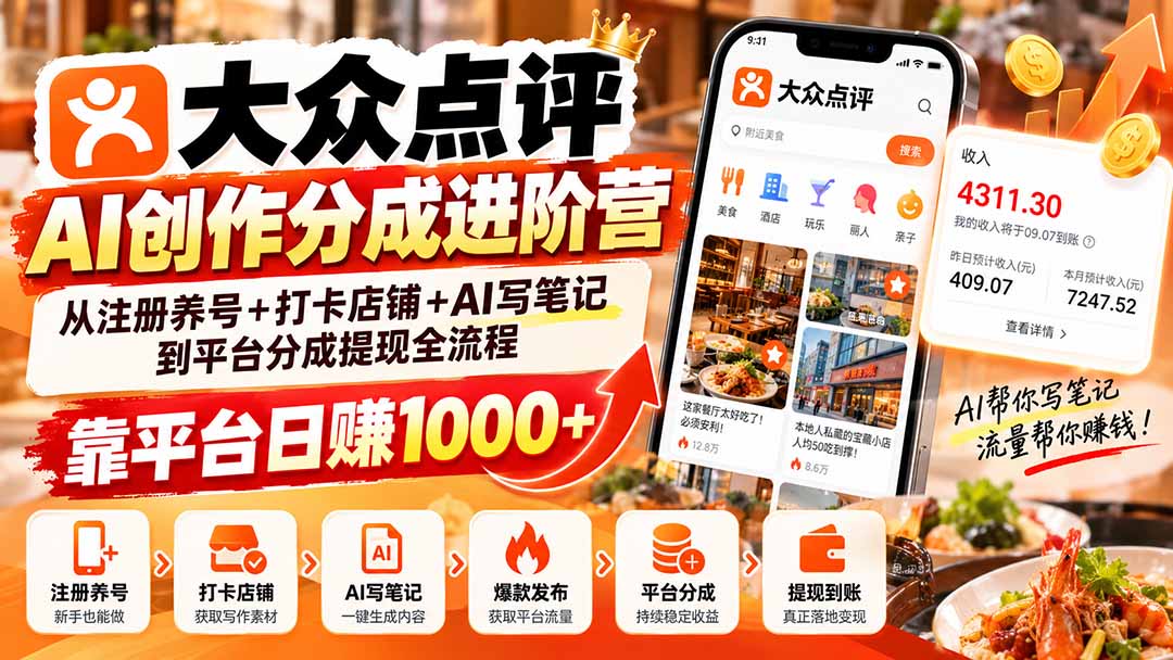 （20759期）大众点评AI创作分成进阶营：从注册养号+打卡店铺+AI写笔记到平台分成提现全流程，靠平台日赚1000+ - 臻优资源网