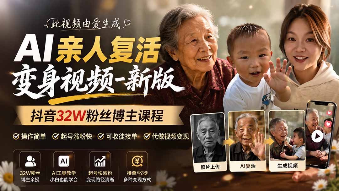 （19857期）AI亲人复活变身视频-新版，抖音32W粉丝博主课程，操作简单，起号涨粉快，可收徒接单代做视频变现 - 臻优资源网