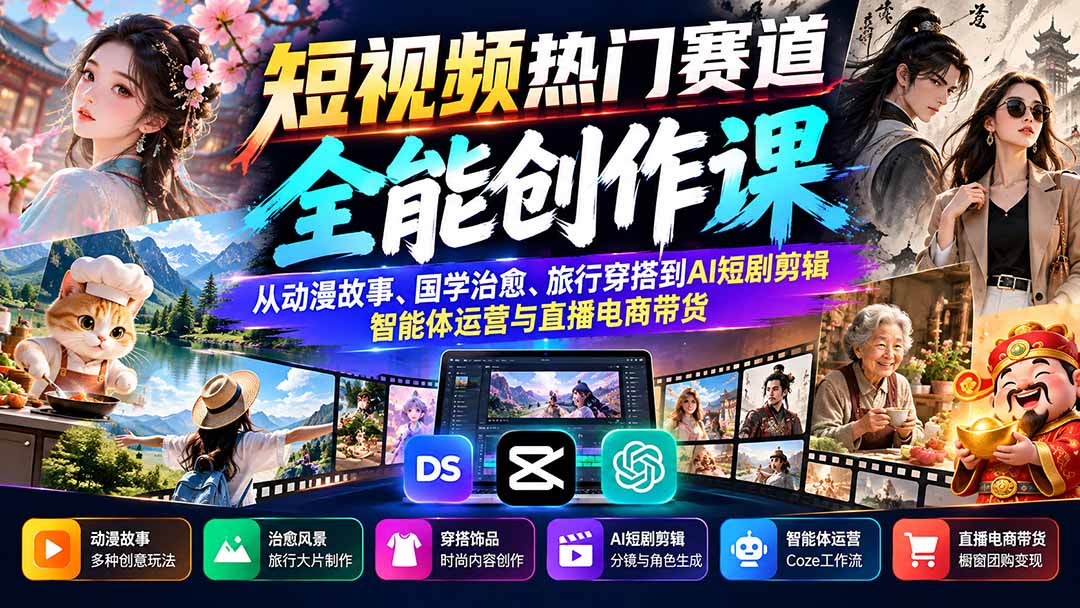 （20956期）短视频热门赛道全能创作课：从动漫故事、国学治愈、旅行穿搭到AI短剧剪辑、智能体运营与直播电商带货 - 臻优资源网