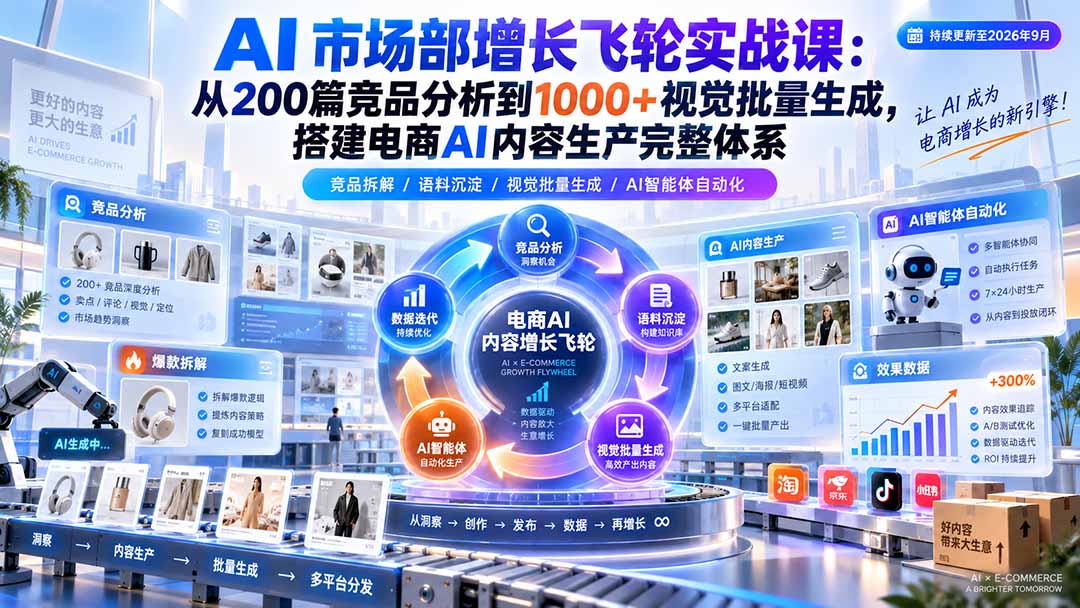 （20436期）AI 市场部增长飞轮实战课：从200篇竞品分析到1000+视觉批量生成，搭建电商AI内容生产完整体系 - 臻优资源网