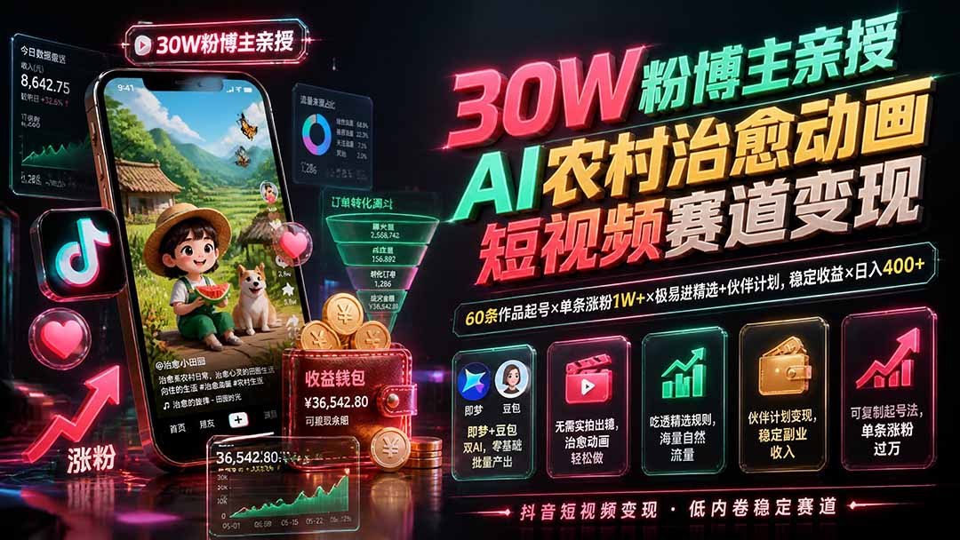 （19648期）30W粉博主亲授AI农村治愈动画短视频赛道变现：60条作品起号×单条涨粉1W+×极易进精选+伙伴计划，稳定收益×日入400+ - 臻优资源网