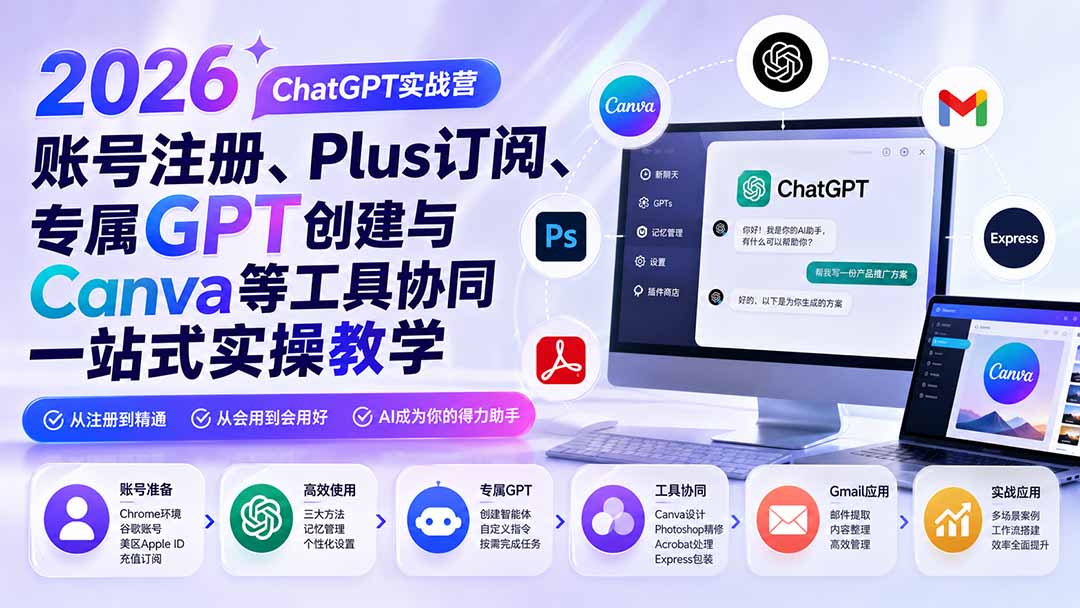 （19924期）2026 ChatGPT实战营；账号注册、Plus订阅、专属GPT创建与Canva等工具协同一站式实操教学 - 臻优资源网