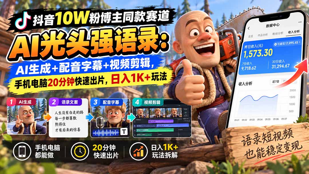 （20687期）【无水印】抖音10W粉博主同款赛道AI光头强语录：AI生成+配音字幕+视频剪辑，手机电脑20分钟快速出片，日入1K+玩法 - 臻优资源网