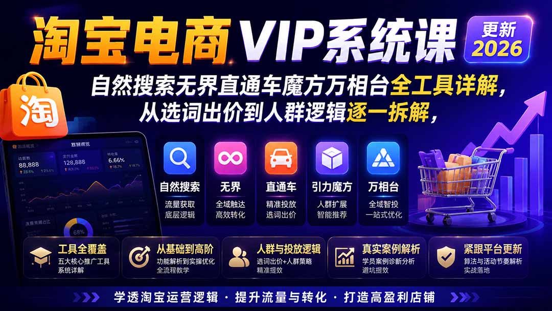 （20035期）淘宝电商VIP系统课-更新8月；自然搜索无界直通车魔方万相台全工具详解，从选词出价到人群逻辑逐一拆解 - 臻优资源网