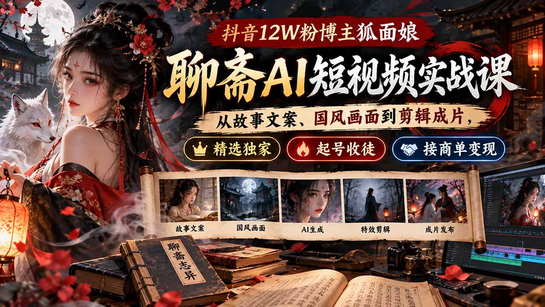 （20639期）抖音12W粉博主狐面娘-聊斋AI短视频实战课：从故事文案、国风画面到剪辑成片，精选独家+起号收徒+接商单变现 - 臻优资源网