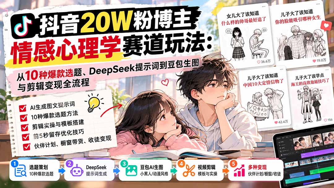 （20688期）抖音20W粉博主-情感心理学赛道玩法：从10种爆款选题、DeepSeek提示词到豆包生图与剪辑变现全流程 - 臻优资源网