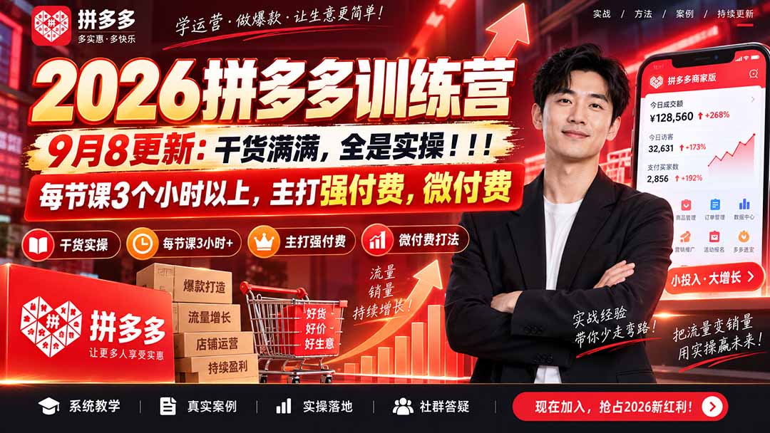 （20338期）2026拼多多训练营9月8更新：干货满满，全是实操！！！每节课3个小时以上，主打强付费，微付费 - 臻优资源网