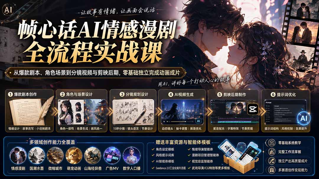 （20036期）帧心话AI情感漫剧全流程实战课：从爆款剧本、角色场景到分镜视频与剪映后期，零基础独立完成动画成片 - 臻优资源网