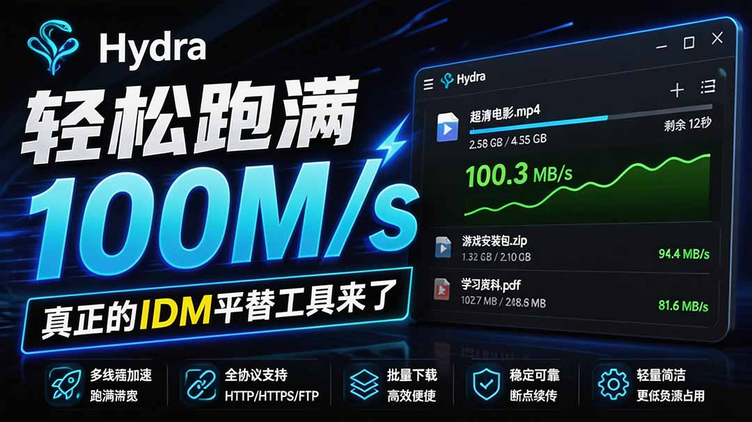 （20350期）轻松跑满100M/s，真正的IDM平替工具来了，开源多线程器，支持浏览器拓展，一键智能加速 Hydra Download Manager - 臻优资源网