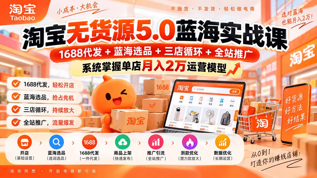 （20397期）淘宝无货源5.0蓝海实战课-更新：1688代发+蓝海选品+三店循环+全站推广，系统掌握单店月入2万运营模型 - 臻优资源网