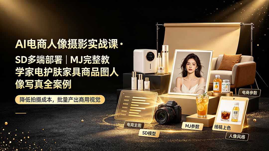 （19262期）AI电商人像摄影实战课·SD多端部署｜MJ完整教学｜家电护肤家具商品图人像写真全案例 - 臻优资源网