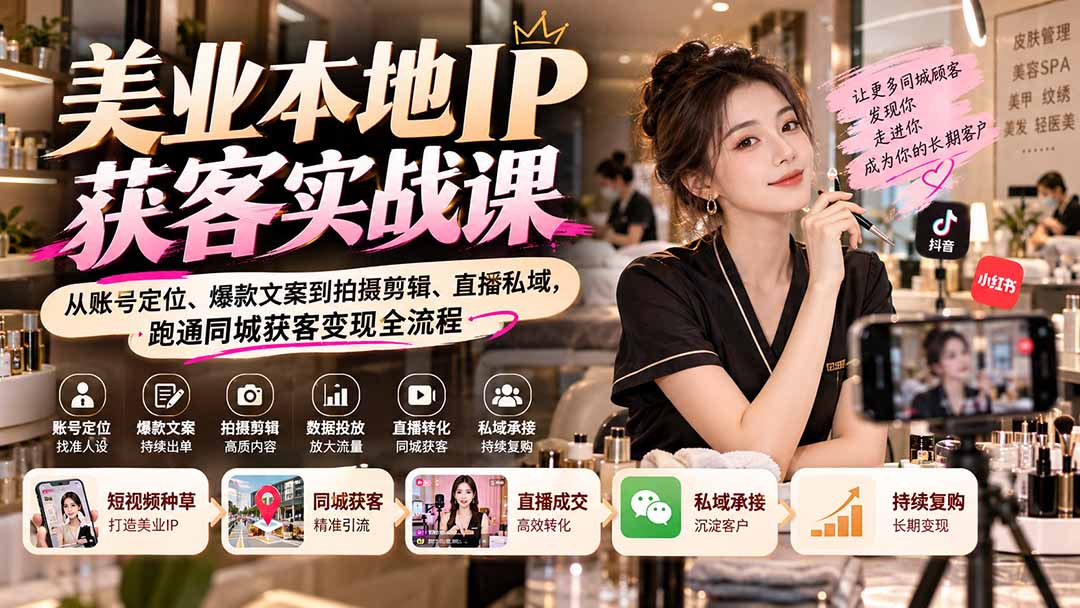 (20640期)【无水印】美业本地IP获客实战课:从账号定位、爆款文案到拍摄剪辑、直播私域,跑通同城获客变现全流程 - 臻优资源网