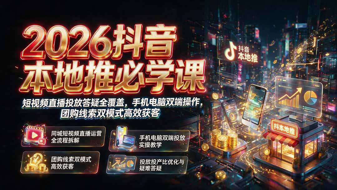 （19618期）2026抖音本地推必学课｜短视频直播投放答疑全覆盖，手机电脑双端操作，团购线索双模式高效获客 - 臻优资源网