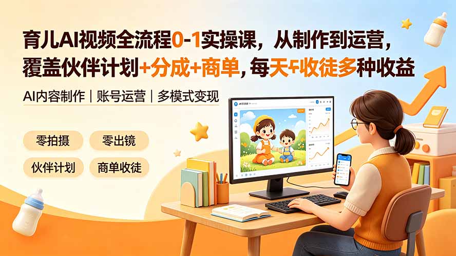 （19236期）育儿AI视频全流程0-1实操课，从制作到运营，覆盖伙伴计划+分成+商单+收徒多种收益，每天500+收益 - 臻优资源网