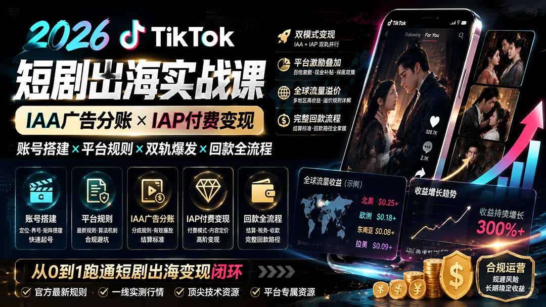 （19740期）2026TikTok短剧出海实战课：IAA广告分账×IAP付费变现×账号搭建×平台规则×双轨爆发×回款全流程 - 臻优资源网