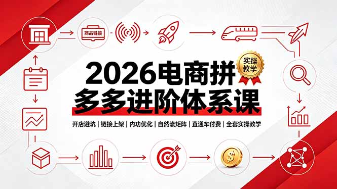 （19206期）2026电商拼多多进阶体系课，开店避坑，链接上架，内功优化，自然流矩阵｜直通车付费｜全套实操教学 - 臻优资源网