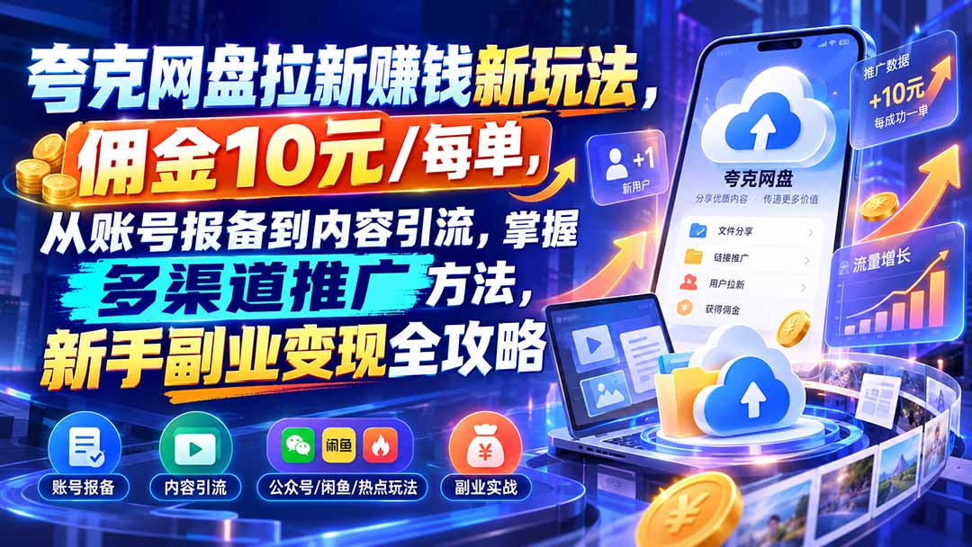 （21108期）夸克网盘拉新赚钱新玩法，佣金10元/每单，从账号报备到内容引流，掌握多渠道推广方法，新手副业变现全攻略 - 臻优资源网