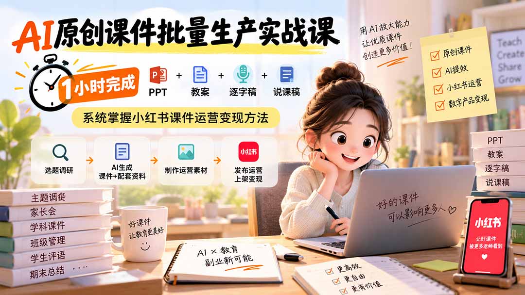 （20351期）AI原创课件批量生产实战课：1小时完成PPT+教案+逐字稿+说课稿，系统掌握小红书课件运营变现方法 - 臻优资源网
