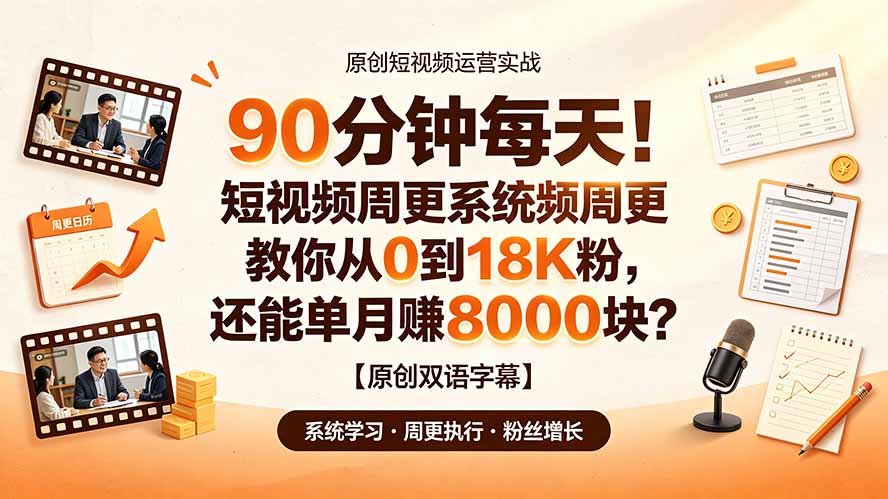 （19265期）90 分钟每天！短视频周更系统教你从 0 到 18K 粉，还能单月赚 8000 块？【原创双语字幕】 - 臻优资源网