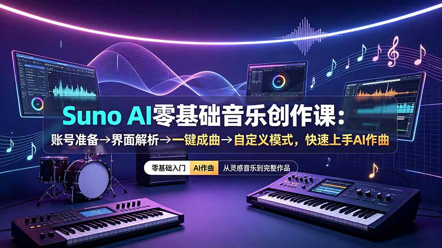 （19264期）Suno AI零基础音乐创作课：账号准备→界面解析→一键成曲→自定义模式，快速上手AI作曲 - 臻优资源网