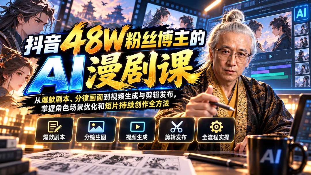 （20353期）抖音48W粉丝博主的AI漫剧课：从爆款剧本、分镜画面到视频生成与剪辑发布，掌握角色场景优化和短片持续创作全方法 - 臻优资源网