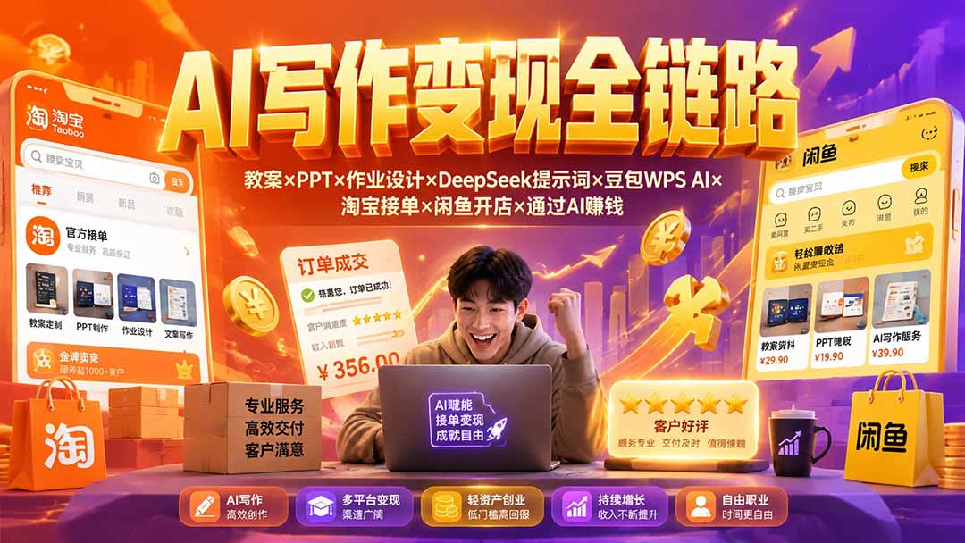 （19561期）2026AI写作变现全链路：教案×PPT×作业设计×DeepSeek提示词×豆包WPS AI×淘宝接单×闲鱼开店×通过AI賺钱 - 臻优资源网