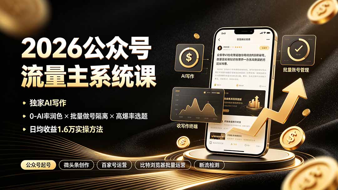 （19405期）2026公众号流量主系统课：独家AI写作×0-AI率润色×批量做号隔离×高爆率选题，日均收益1.6万实操方法 - 臻优资源网