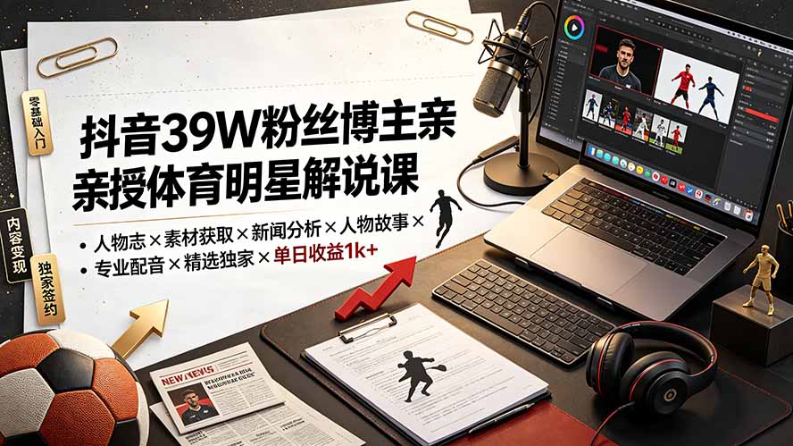 （19476期）抖音39W粉丝博主亲授体育明星解说课：人物志×素材获取×新闻分析×人物故事×专业配音×精选独家×单日收益1k+ - 臻优资源网