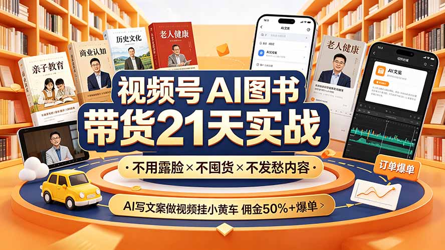 （19476期）视频号AI图书带货21天实战：不用露脸×不囤货×不发愁内容，AI写文案做视频挂小黄车，佣金50%+爆单 - 臻优资源网
