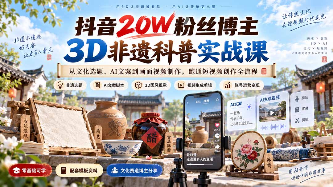 （20356期）抖音20W粉丝博主3D非遗科普实战课：从文化选题、AI文案到画面视频制作，跑通短视频创作全流程 - 臻优资源网