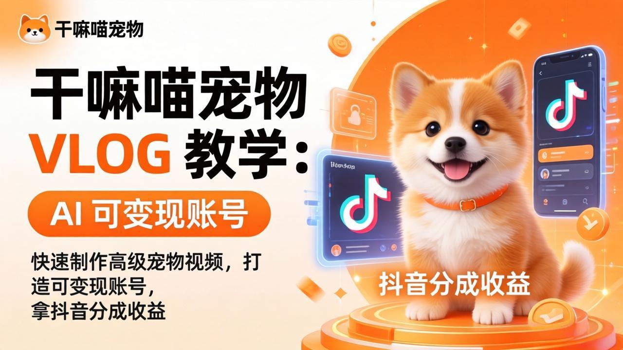 （17888期）干嘛喵宠物 VLOG 教学：AI 快速制作高级宠物视频，打造可变现账号，拿抖音分成收益 - 臻优资源网