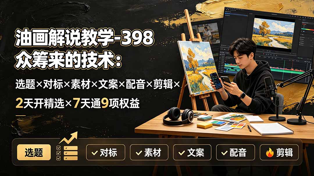 （19527期）油画解说教学-398众筹来的技术：选题×对标×素材×文案×配音×剪辑×2天开精选×7天通9项权益 - 臻优资源网