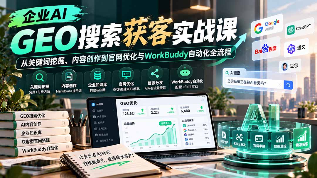 （20643期）企业AI GEO搜索获客实战课：从关键词挖掘、内容创作到官网优化与WorkBuddy自动化全流程 - 臻优资源网