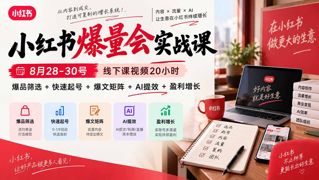 （20617期）小红书爆量会实战课-更新9月23：线下课视频20小时，爆品筛选+快速起号+爆文矩阵+AI提效+盈利增长 - 臻优资源网