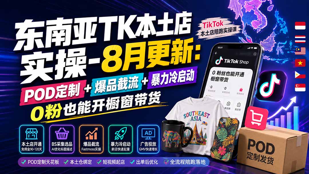 （19963期）东南亚TK本土店实操-8月更新：POD定制+爆品截流+暴力冷启动，0粉也能开橱窗带货 - 臻优资源网