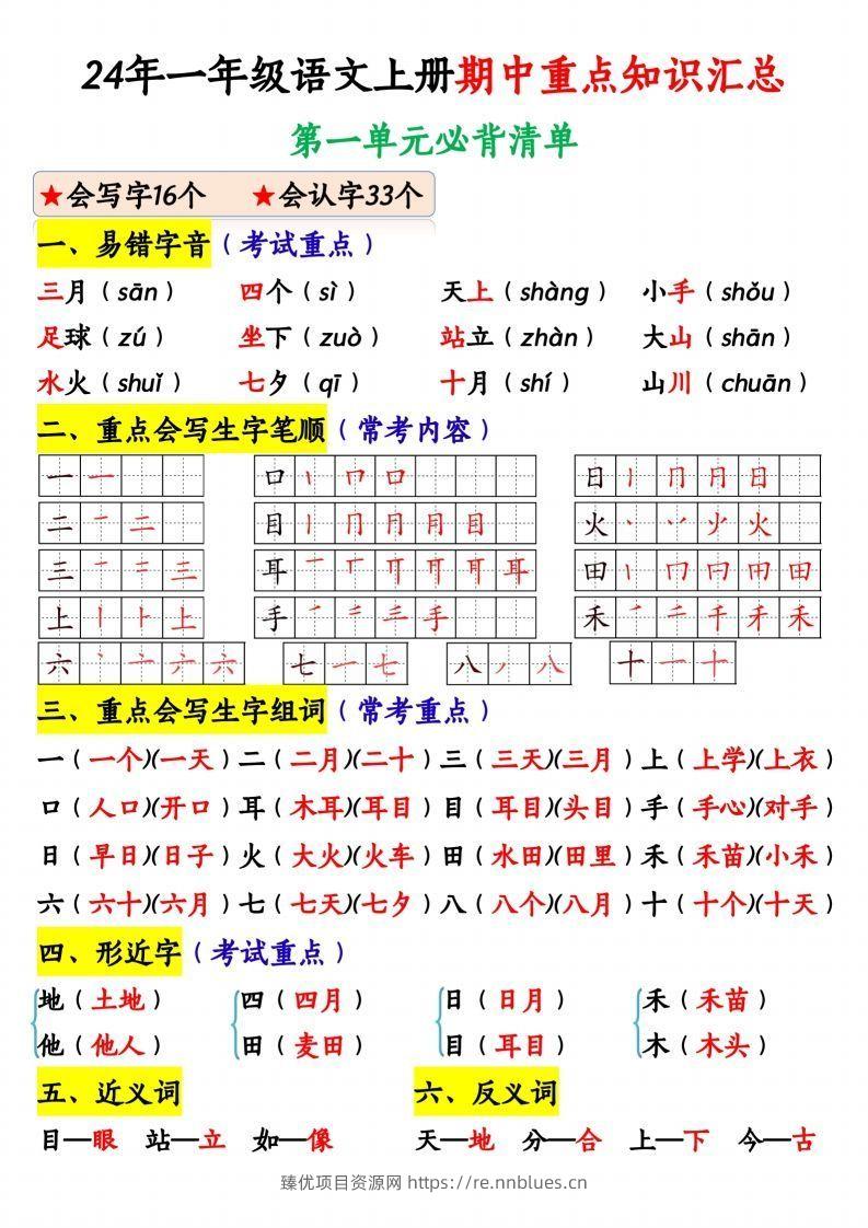 24年一年级语文上册期中重点知识汇总1_纯图版 - 臻优资源网