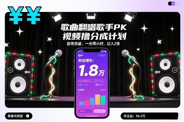 歌曲翻唱歌手PK视频撸分成计划，自带流量，一天两小时，日入2张 - 臻优资源网