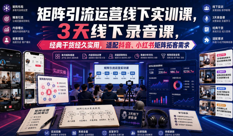 嗨推矩阵引流运营线下实训课,3天线下录音课,经典干货经久实用,适配抖音、小红书矩阵拓客需求 - 臻优资源网