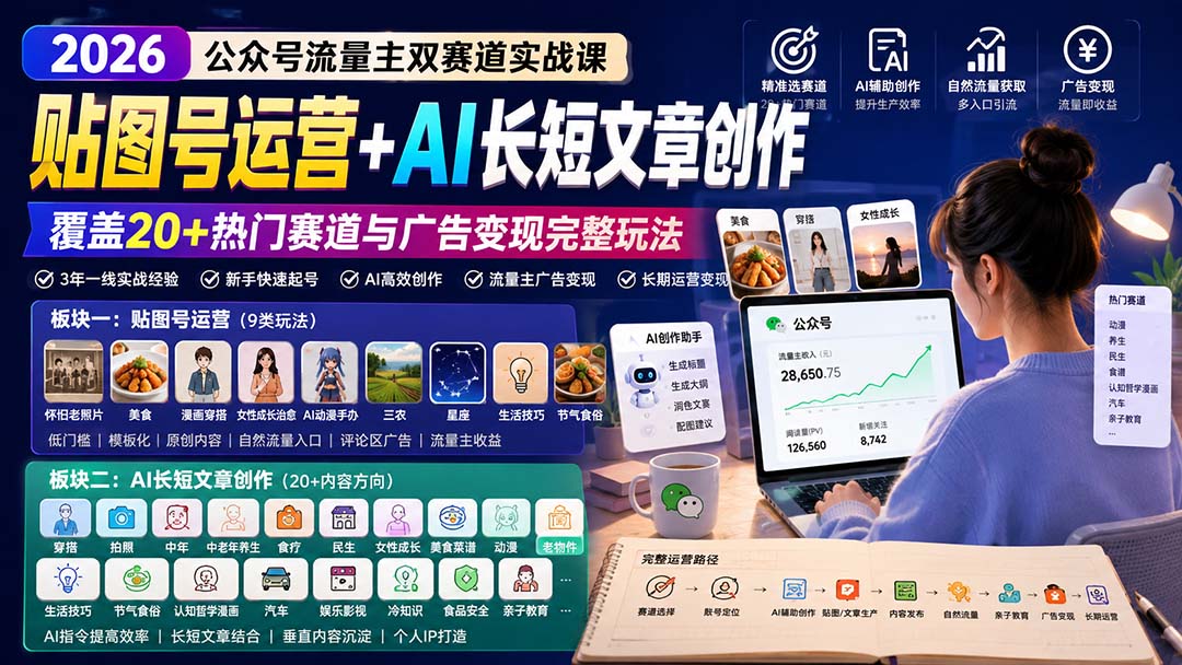 （20153期）公众号流量主双赛道实战课：贴图号运营+AI长短文章创作，覆盖20+热门赛道与广告变现完整玩法 - 臻优资源网