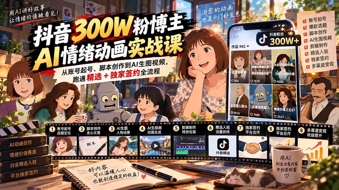 （20616期）抖音300W粉博主AI情绪动画实战课：从账号起号、脚本创作到AI生图视频，跑通精选+独家签约全流程 - 臻优资源网