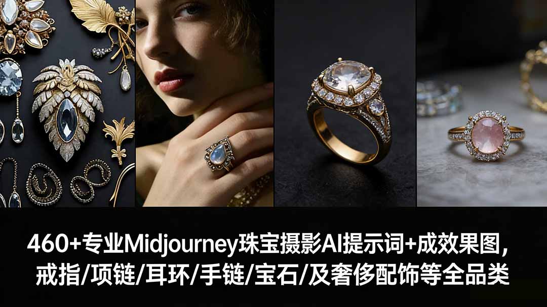 （17272期）460+专业Midjourney珠宝摄影AI提示词+成效果图，戒指/项链/耳环/手链/宝石/及奢侈配饰等全品类 - 臻优资源网