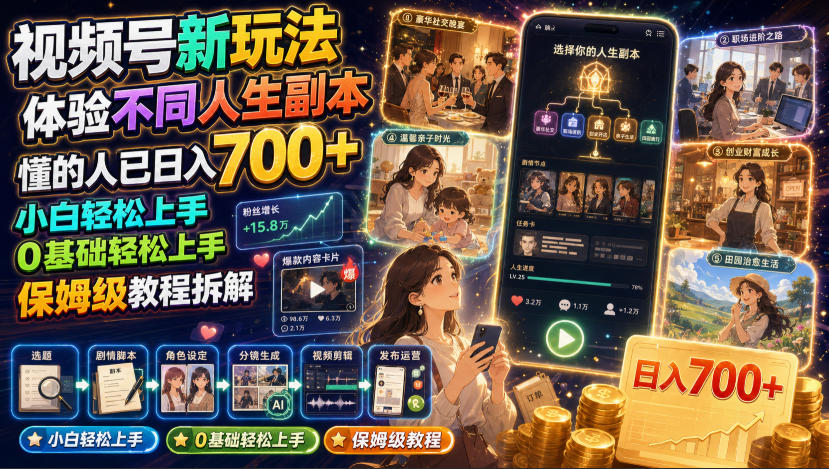 视频号新玩法体验不同人生副本，懂的人已日入700+，小白轻松上手，0基础轻松上手，保姆级教程拆解 - 臻优资源网