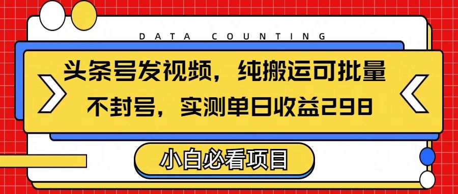头条发视频，纯搬运可批量，不封号玩法实测单日收益单号298 - 臻优资源网