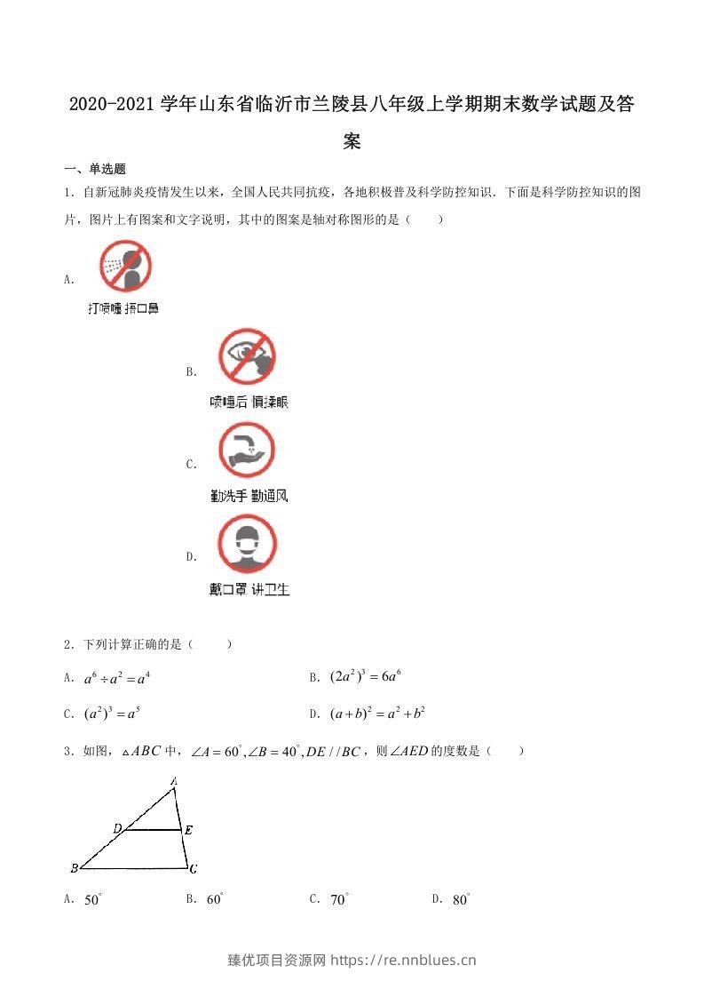 2020-2021学年山东省临沂市兰陵县八年级上学期期末数学试题及答案(Word版) - 臻优资源网