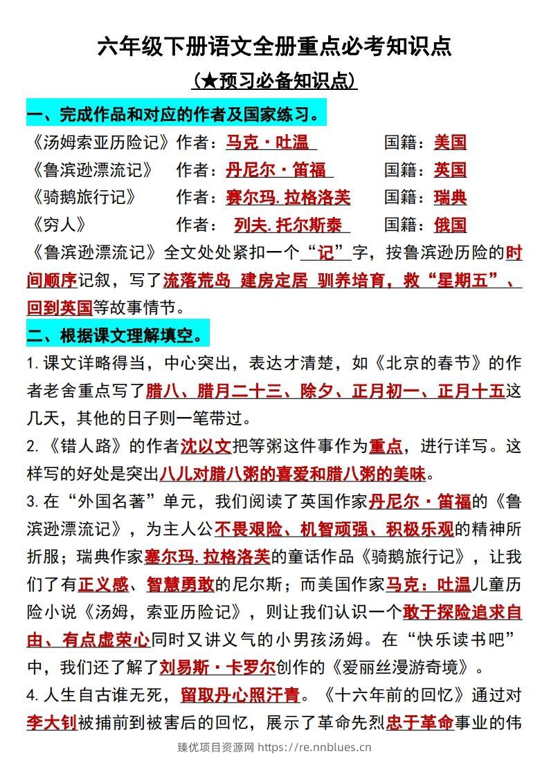 六年级语文下册知识点归纳总复习 - 臻优资源网